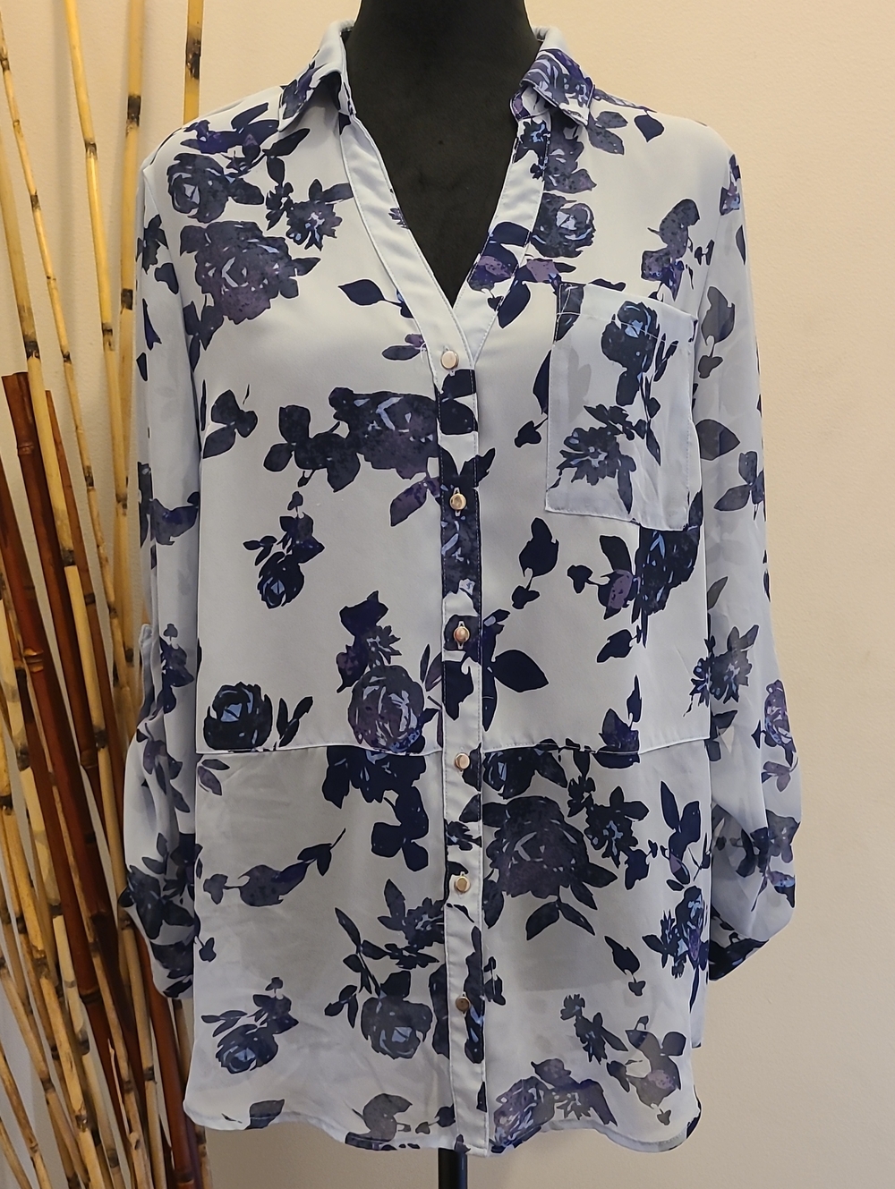 Candie's Light Blue and Navy Floral Button-Down Blouse